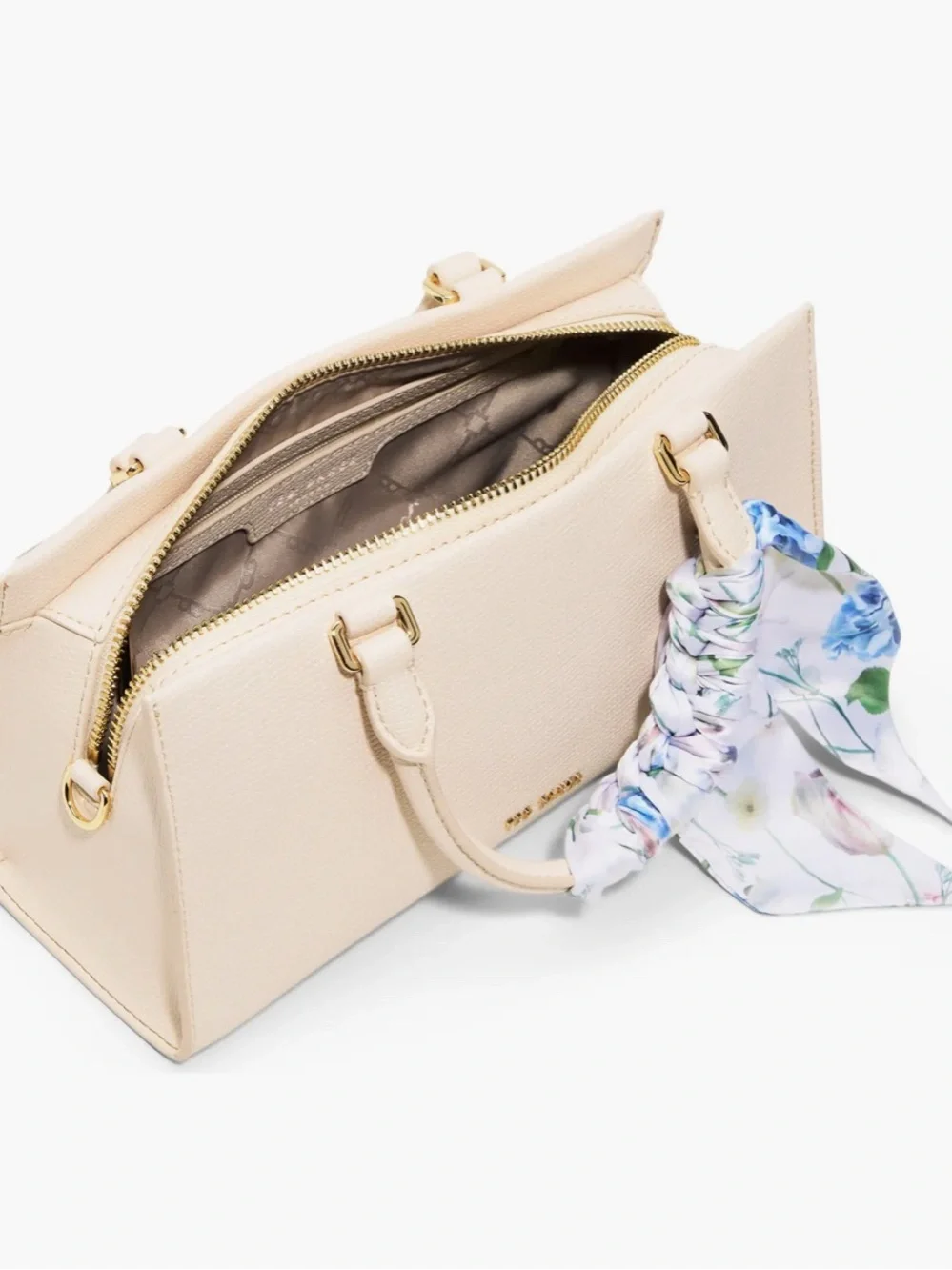 Ted Baker Cream Pebbled Top-Handle Satchel with Floral Scarf Accent